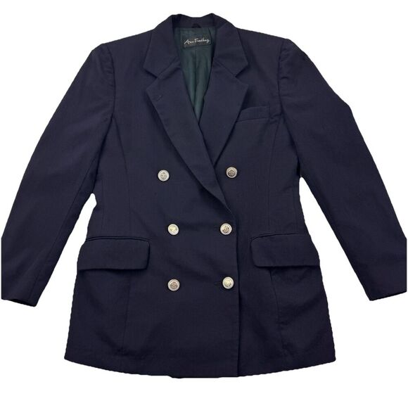Vintage Ann Freedberg Wool Blazer 4 Navy Gold Button Double Breasted Jacket - Picture 1 of 12